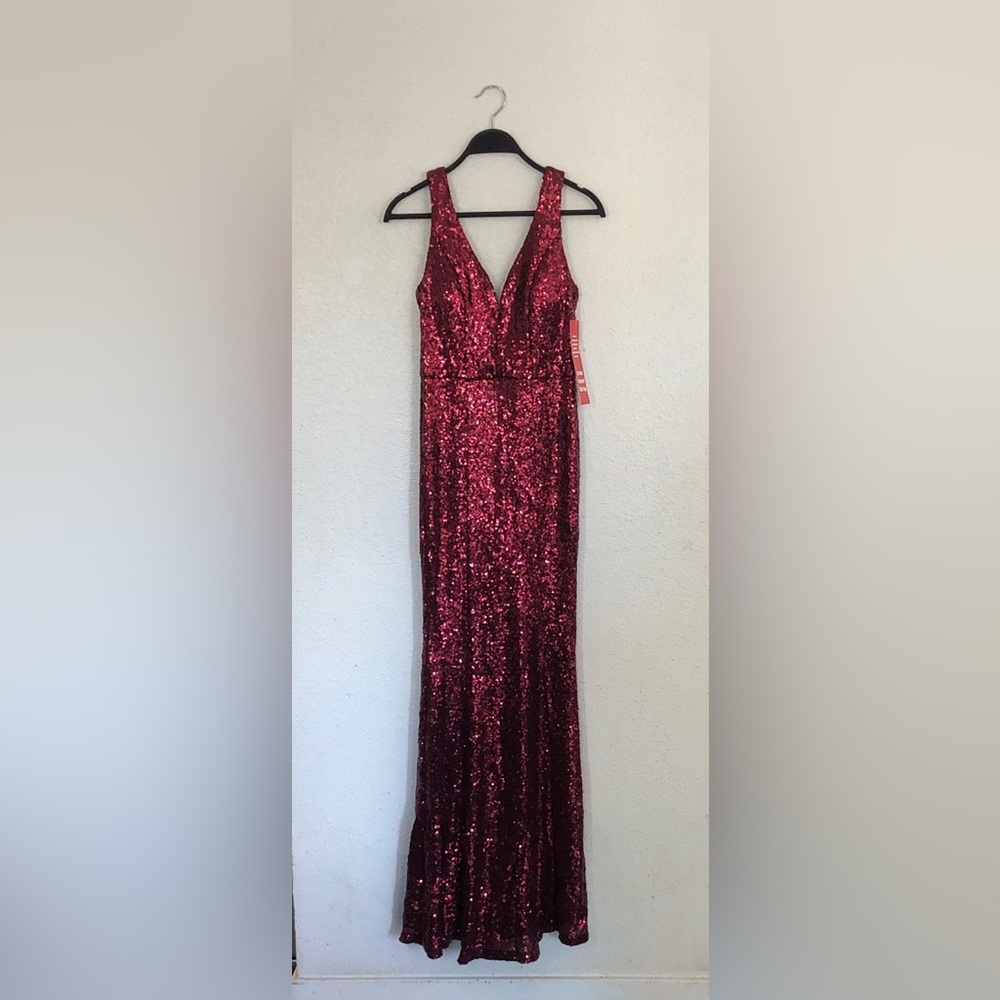 Crystal Doll Red Sequin V-Neck Prom Dress